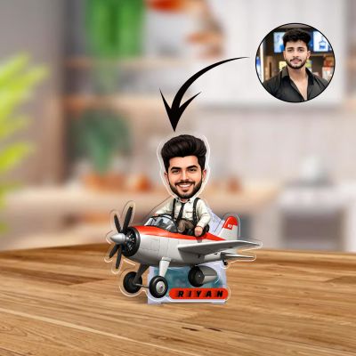 Personalized Airplane Pilot Bobblehead Caricature Custom with Face Cutout & Name Gift for Gift for Pilot & Airplane Lovers Car Dashboard & Home Decor Battery Powered Moving Head Feature